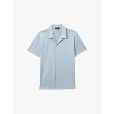 Reiss Mens Soft Blue Caspa Cuban-collar Slim-fit Short-sleeve Cotton Shirt