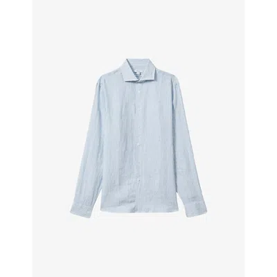 Reiss Mens Soft Blue Fine Ruban Marled-texture Linen Shirt