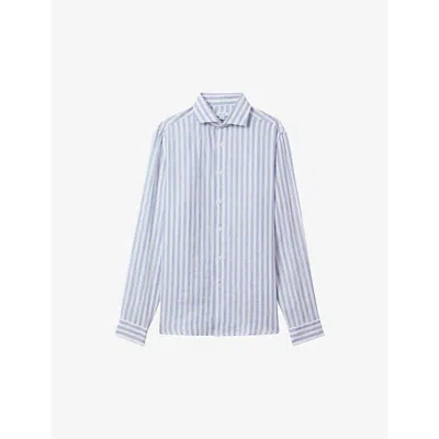 Reiss Mens Soft Blue Herri Ruban Cutaway-collar Striped Linen Shirt