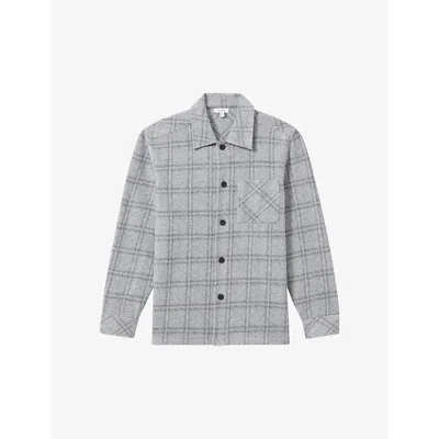 Reiss Mens Soft Grey Olivier Brushed-check Regular-fit Wool-blend Overshirt