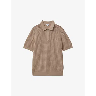Reiss Burnham - Taupe Cotton Blend Textured Half Zip Polo Shirt, S