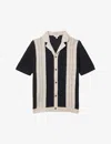 Reiss Mens Navy/stone Nicoli Cuban-collar Striped Cotton Shirt Xs In Navy/stone