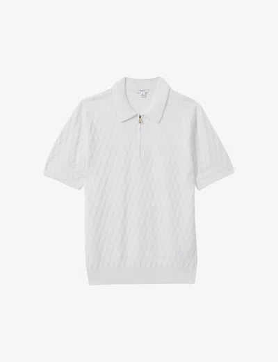 Reiss Mens White Rizzo Diamond-knit Woven Polo Shirt