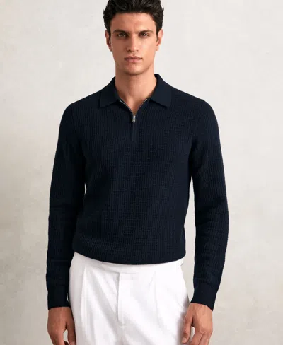 REISS MEN'S WOOL WAFFLE-KNIT HALF-ZIP POLO SHIRT