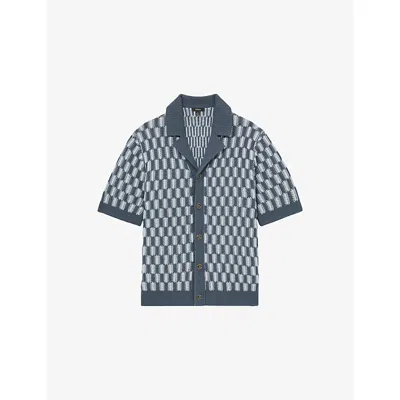 Reiss Mens Robbie Cuban-collar Colour-block Textured Shirt Airforce Blue Soft Blue