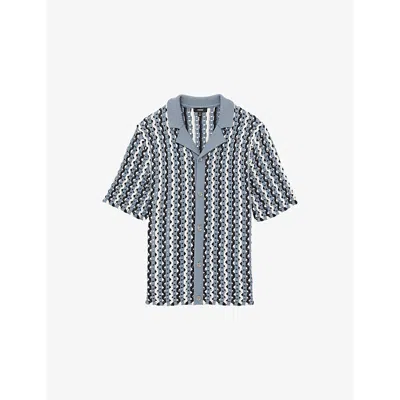 Reiss Mens Textured-knit Camp-collar Cotton-blend Shirt Airforce Blue