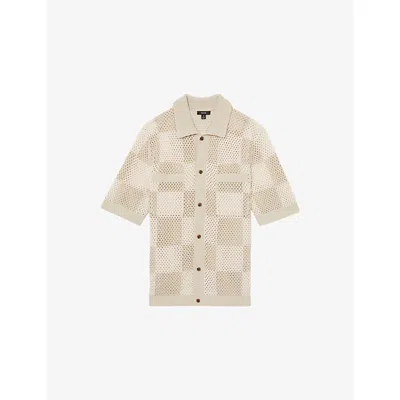Reiss Mens Taupe Off White Alfred Checkerboard-pattern Cotton-knit Shirt