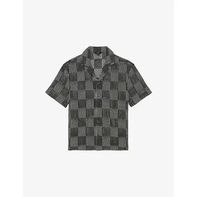 Reiss Mens Black Carlos Checkerboard Cuban-collar Crochet Shirt Xl