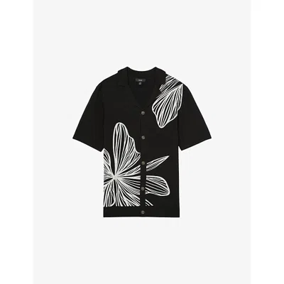 Reiss Mens Laurent Floral-embroidered Stretch-knit Shirt Black In Multi
