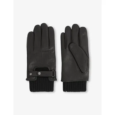 Reiss Mens Black Sanford Ribbed-cuff Leather Gloves