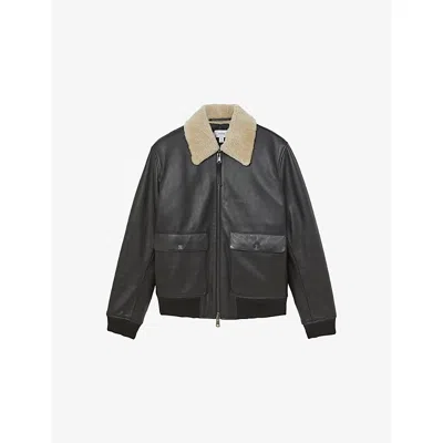 Reiss Mens Black Shaker Shearling-collar Leather Jacket Xs