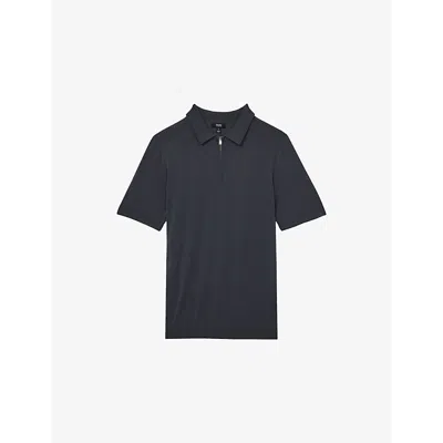 Reiss Mens  Maxwell Zip-up Wool Polo Shirt In Blackened Blue
