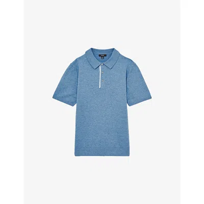 Reiss Mens Blue Finch Contrast-placket Stretch-woven Polo Shirt