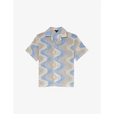 Reiss Blue Multi Wave Crochet Cuban Collar Shirt