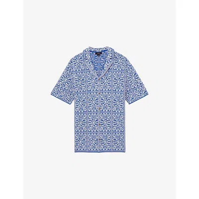 Reiss Mens River Tile-pattern Knitted Shirt Blue White Xs