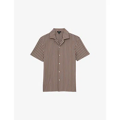 Reiss Mens  Percy Cuban-collar Striped Stretch Cotton-blend Shirt In Brown