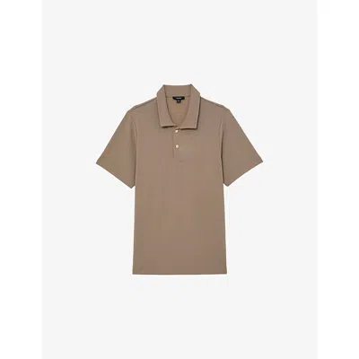 Reiss Mens Camel Brown Kennedy Buttoned Textured Polo Top