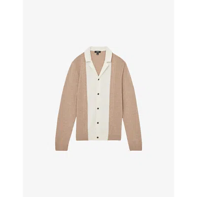 Reiss Mens Poland Colour-block Long-sleeve Knitted Shirt Camel