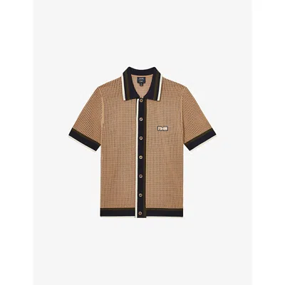 REISS MENS CAMEL REISS X CHÉ CRUSOE CROCHET-KNIT SHIRT
