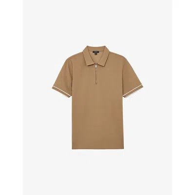 Reiss Mens Camel Zain Short-sleeved Stretch-woven Polo Shirt In Brown
