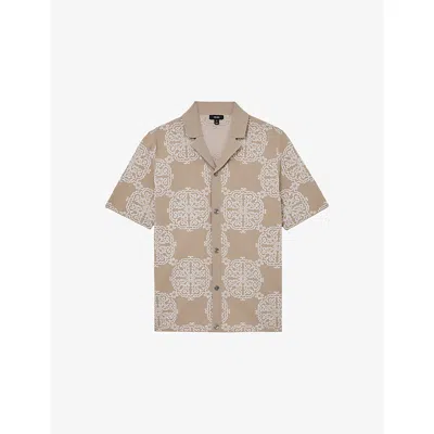 Reiss Mens Champagne White Gabriel Jacquard Cuban-collar Stretch-woven Shirt Xs In Brown