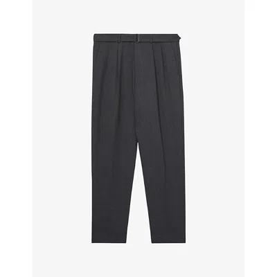 Reiss Mens Charcoal Grey Strap Belted-waist Tapered-leg Stretch Wool-blend Trousers In Gray