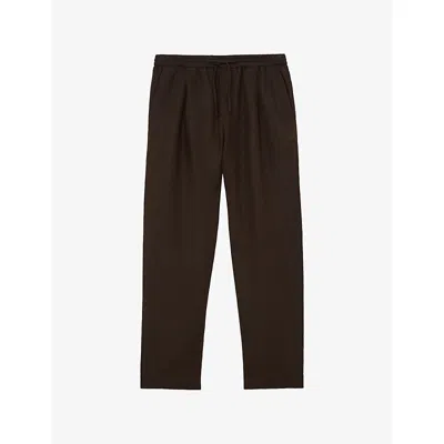 Reiss Mens Chocolate Brown Barges Drawstring-waist Linen Trousers
