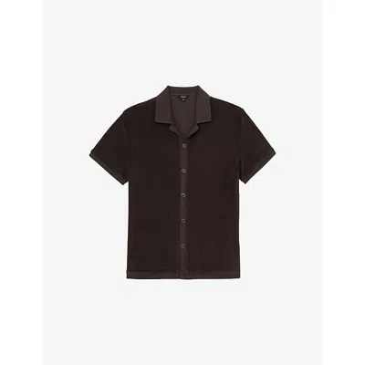 Reiss Mens Chocolate Brown Eden Cuban-collar Towelling Shirt