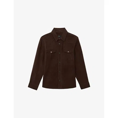 Reiss Mens Chocolate Brown Finsbury Twin-pocket Suede Trucker Jacket