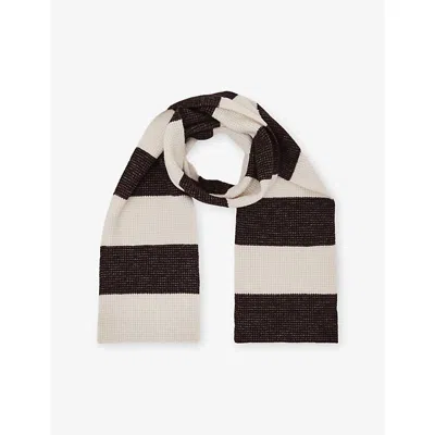 Reiss Mens Chocolate Brown Off Whit Wesley Striped Knitted Scarf In Black
