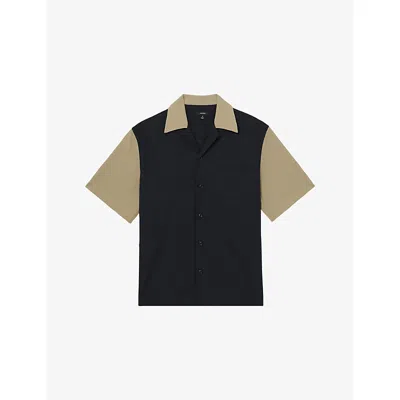 Reiss Mens  Colour-block Cuban-collar Stretch-knit Shirt In Brown
