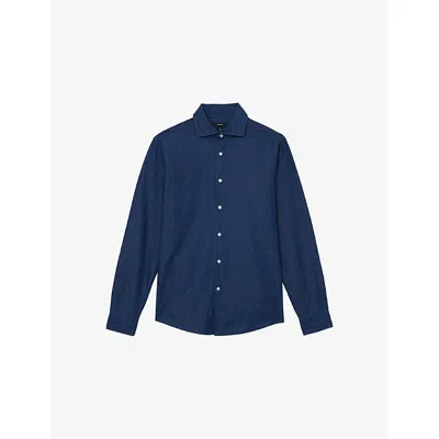 Reiss Mens Dark Blue Wash Don Long-sleeved Chambray Shirt Xs