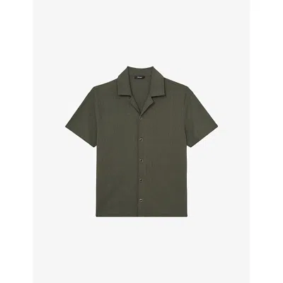 Reiss Mens Dark Green Ando Cuban-collar Short-sleeve Stretch-woven Shirt