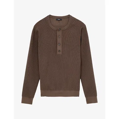 Reiss Mens Declan Long-sleeve Stretch-knit Henley Top Chocolate Brown