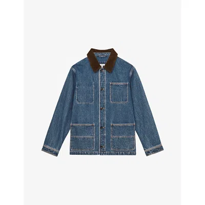 Reiss Mens Denim Blue Marks Cord-collar Patch-pocket Denim Jacket Xl