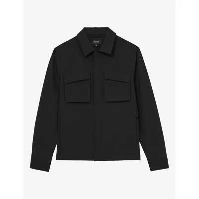 Reiss Mens Divide Patch-pocket Button-up Stretch-woven Overshirt Black Xs