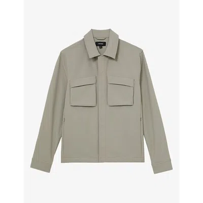 Reiss Mens Divide Patch-pocket Button-up Stretch-woven Overshirt Stone Xs In Green