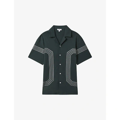 Reiss Mens Emerald Arlington Stripe-embroidered Relaxed-fit Cotton Shirt