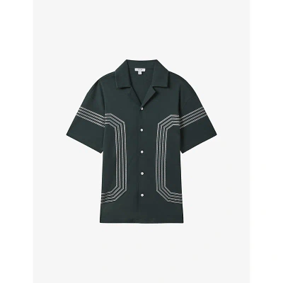 Reiss Mens Emerald Arlington Stripe-embroidered Relaxed-fit Cotton Shirt In Emerald