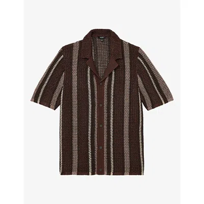 Reiss Mens Farin Crochet-stripe Stretch-knit Shirt Chocolate Brown Xl