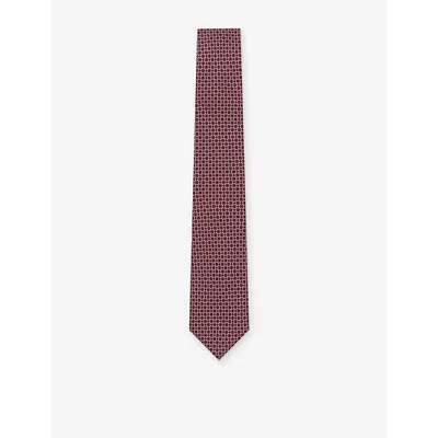 Reiss Mens Geometric Chain-print Silk Tie Burgundy In Brown