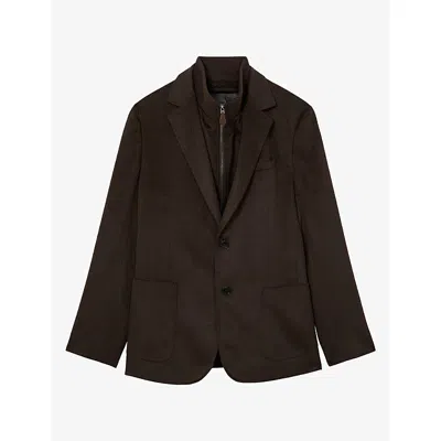 Reiss Mens Gilet Insert Single-breasted Woven Blazer Chocolate Brown