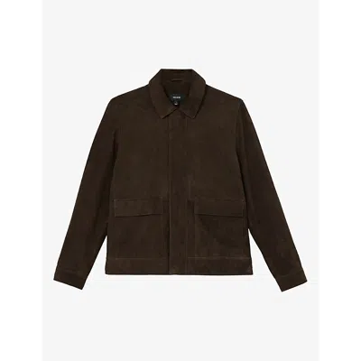 Reiss Mens Granual Side-pocket Suede Jacket Dark Brown