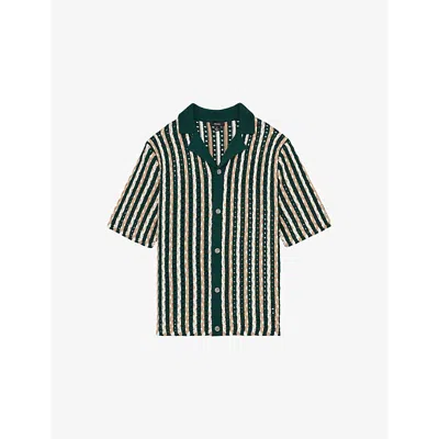 Reiss Mens Green Textured-knit Camp-collar Cotton-blend Shirt Xs