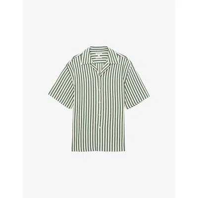 Reiss Mens Green White Trig Cuban-collar Striped Cotton-blend Shirt Xl
