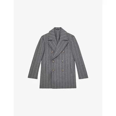 REISS MENS BERGAMO CHALK-STRIPE WOOL-BLEND PEA COAT GREY XL
