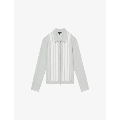 Reiss Mens Ambient Zip-through Striped Knitted Jacket Grey Melange White