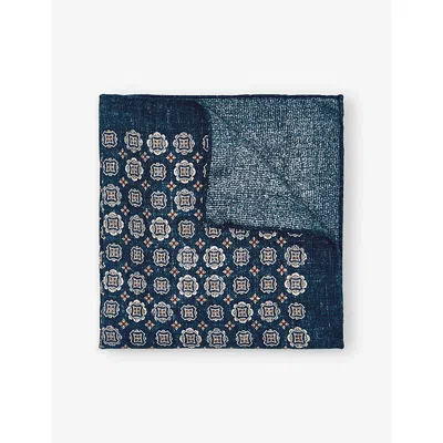 Reiss Mens Indigo Melange Sabino Medallion-print Silk Pocket Squar