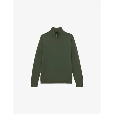 Reiss Mens Kale Green Blackhall Half-zip Long-sleeve Merino-wool Jumper Xl