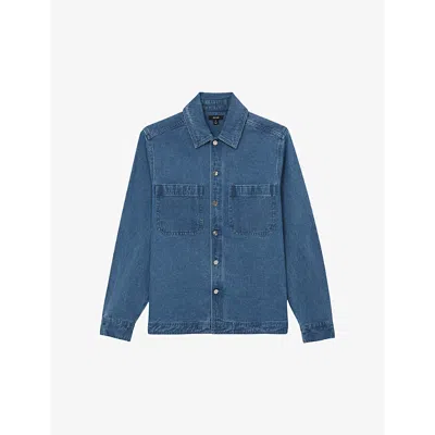Reiss Mens Light Blue Wash Tore Button-through Denim Overshirt